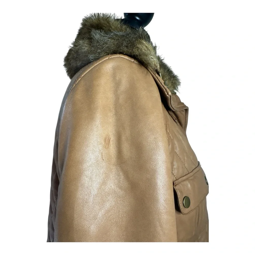 Arden B 100% Leather Quilted Faux Fur Trim Jacket Size L Camel Brown Y2K - Picture 8 of 9